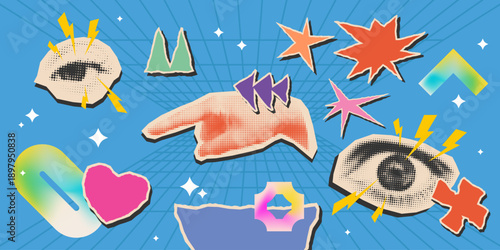 Funky collage with cut out stickers. Hands, eyes, hearts, stars and abstract geometric shapes