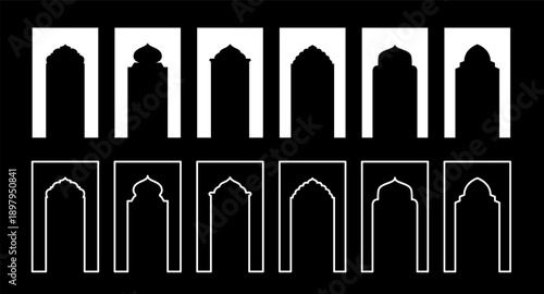 Collection of traditional Islamic gate shapes. Arabic architecture frame silhouette set