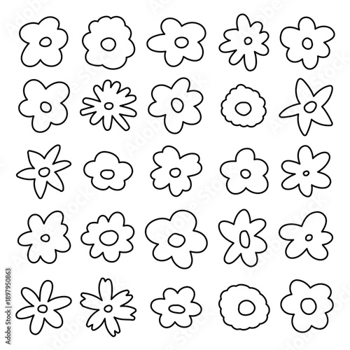 Cute spring flower set. Doodle black floral elements collection