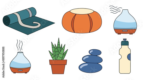 Wellness objects: yoga mat, diffuser, plant, stones, water bottle, ottoman