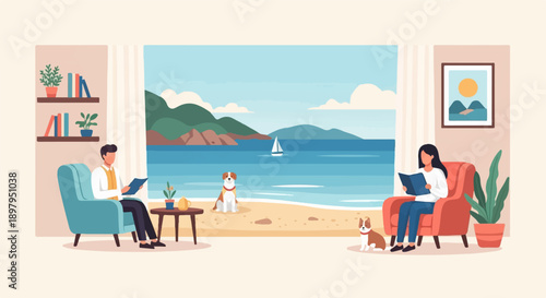 Two people and two dogs relax indoors, enjoying a scenic ocean view