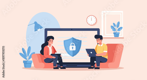 Two people on couch with laptops, security shield on screen