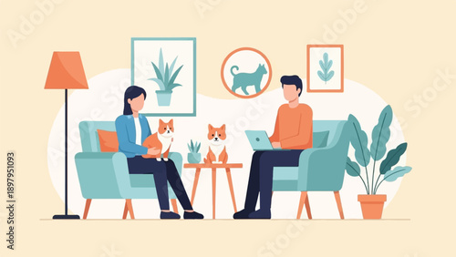 Two people and two dogs relaxing in a modern living room setting