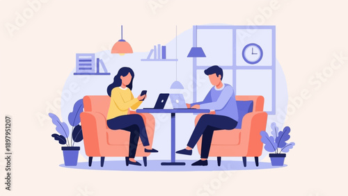 Two people in armchairs using laptops and phone indoors