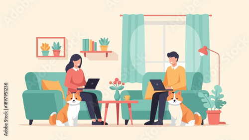 Two people and two dogs working on laptops on couches in a living room