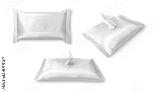 White wet wipe package mockup isolated vector illustration. 3d realistic pouch with makeup removing tissue or napkin, blank plastic wrapping packet, product design template different view