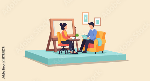 Two people engaged in conversation and creative work in a room