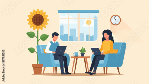 Two people in armchairs using laptops beside a sunflower and city view window