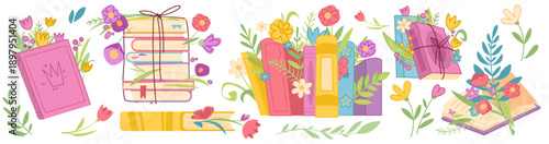 Book stack with flowers cartoon vector illustration isolated on white background. Opened and closed books, tied with string or cord and with bouquet between pages, summer or spring reading elements