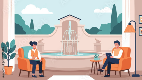 Two people are in a comfortable living room with a fountain view