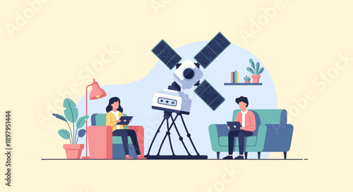 Two people are on laptops near a satellite dish and a telescope