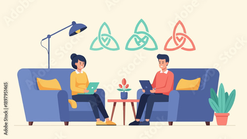 Two people on couches with laptops, abstract symbols above