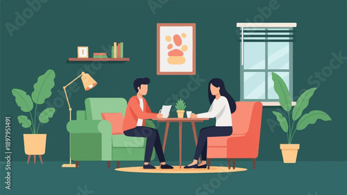 Two people are sitting across from each other at a table in a room