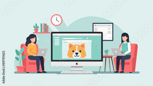 Two people on laptops in front of a computer displaying a dog