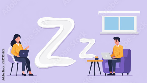 Two people on laptops, with giant Z's suggesting sleep or work