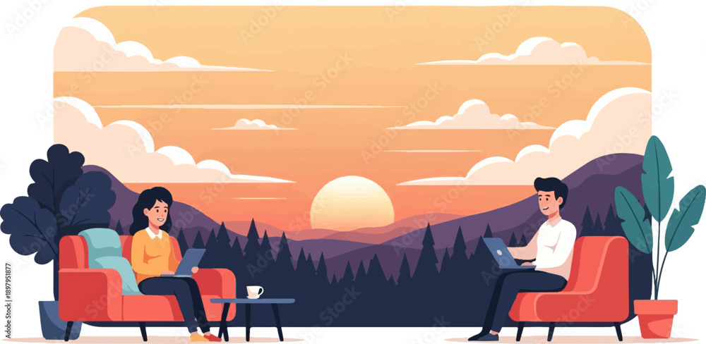 Fototapeta premium Two people on sofas using laptops with sunset and mountains background