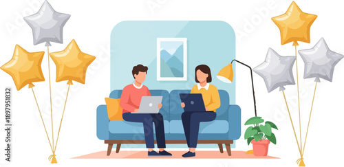 Two people on sofa with laptops, surrounded by balloons and plants