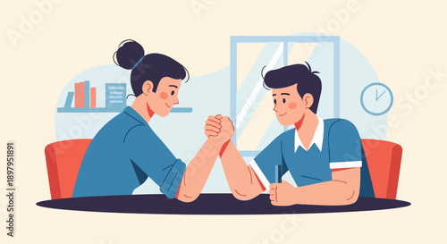 Two people arm wrestling at a table in a room
