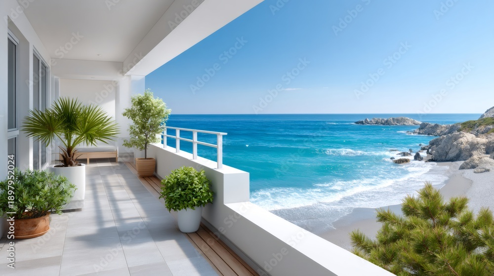 Fototapeta premium Luxury apartment balcony overlooking mediterranean beach and ocean