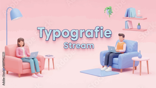 Two people in cozy chairs with laptops, with "Typografie Stream" text above