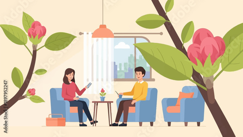 Two people relax indoors near blooming branches and city views