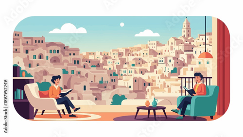 Two people reading books in chairs with a picturesque ancient city view