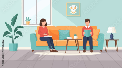 Two people relax indoors on a sofa, one with tablet, one reading