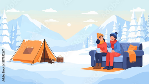 Two people reading books on a couch next to a tent in a snowy landscape