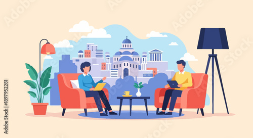 Two people seated in armchairs looking at laptops with city skyline backdrop