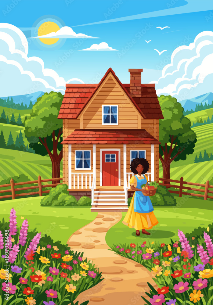 Fototapeta premium Charming Rustic Vector Illustration of a Woman in a Blue Apron Standing on a Path Leading to a Cozy Wooden House Surrounded by Green Fields and Colorful Flowers