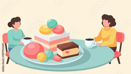Two people enjoying coffee and a variety of desserts at a round table