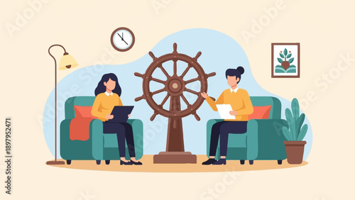 Two people seated in chairs discuss at a large ship's wheel