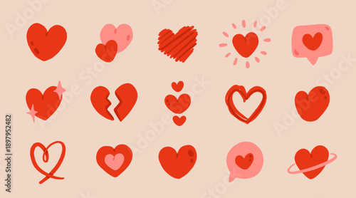 Hand drawn heart icons set in flat cartoon style, cute love symbols, romance and emotion collection, red and pink vector illustrations for social media, apps, stickers and design elements