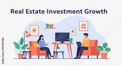 Two people in living room discuss real estate investment growth