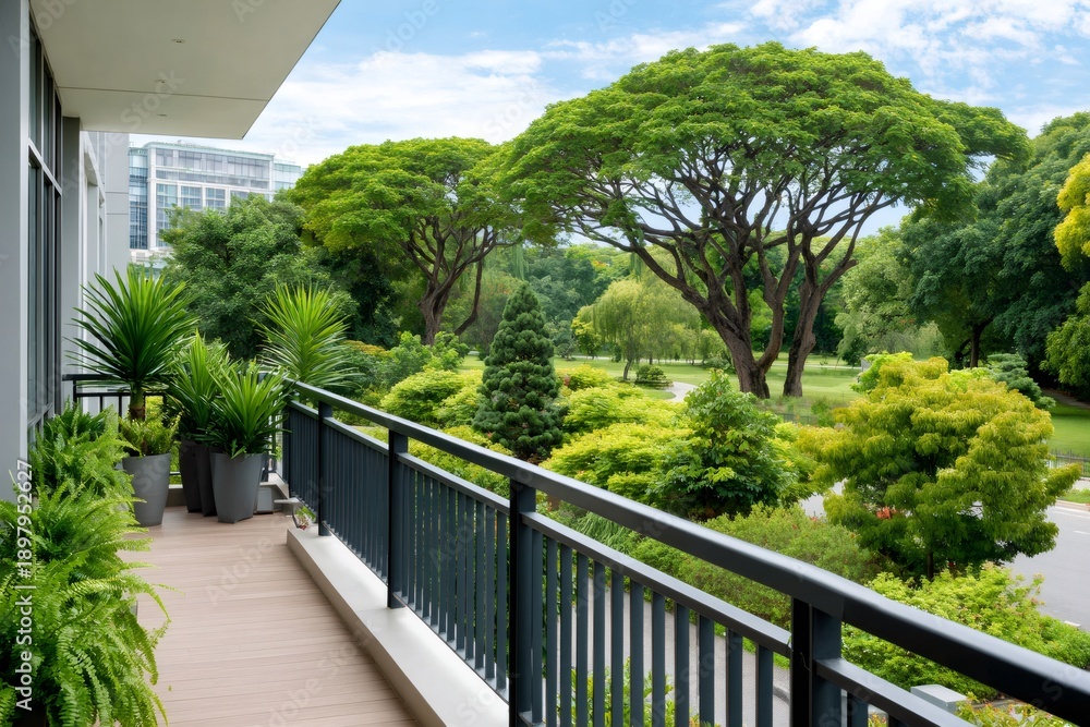 Obraz premium Apartment balcony overlooking green park with trees
