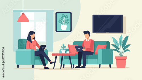 Two people sitting on sofas working on laptops in a cozy room