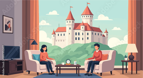 Two people relax indoors with a castle view, a serene scene
