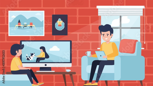 Two people relax at home, one with a tablet, the other watching a screen