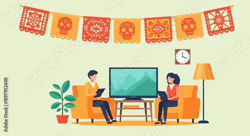 Two people relax at home with a tv and digital devices