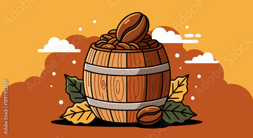 Vector illustration of a wooden barrel full of coffee beans, with coffee beans scattered around, on an orange background with clouds and leaves