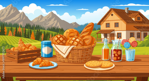 Delicious breakfast spread vector illustration featuring freshly baked bread, pastries, and drinks on a rustic wooden table with a scenic mountain backdrop