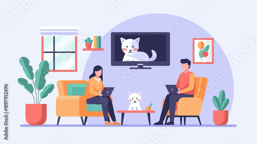 Two people relax at home, working on laptops with a dog and TV