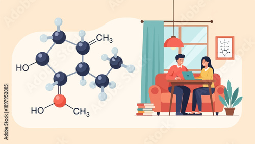 Two people study together at home with molecular diagrams