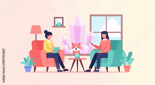 Two people talk in a living room with a fox and crystals
