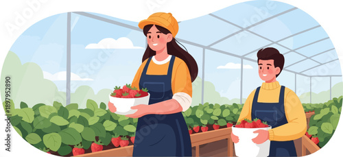 Two people happily harvesting strawberries in a bright greenhouse