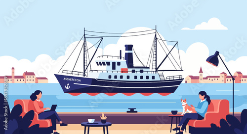 Two people relax by the water as a large ship passes by a coastal town