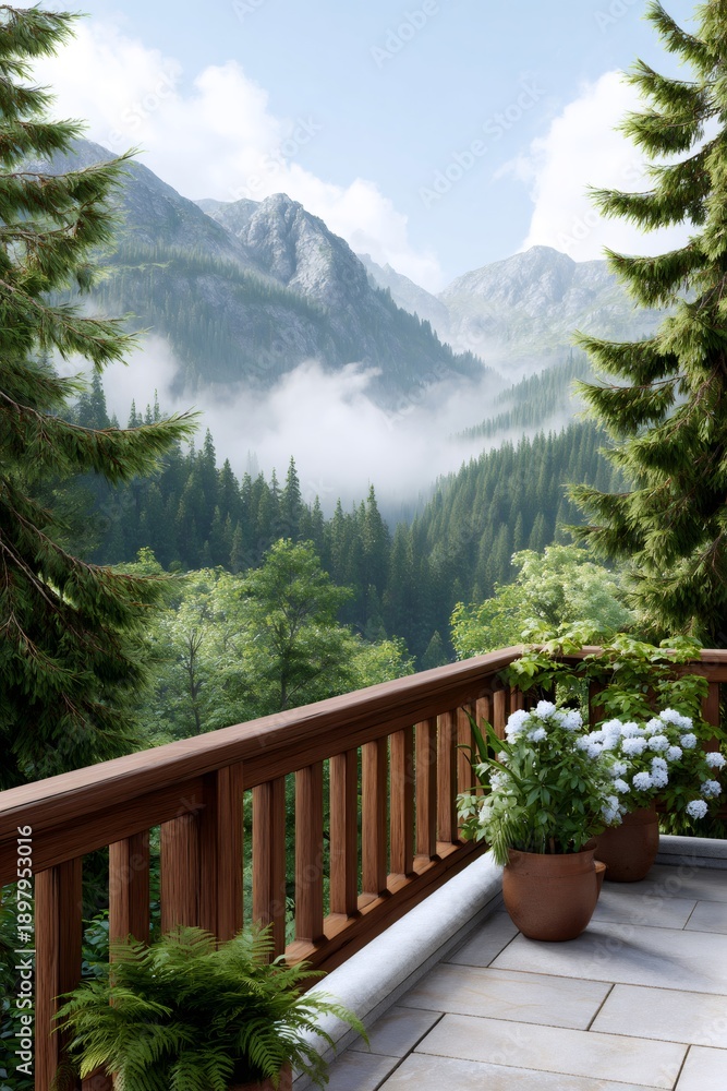 Fototapeta premium Mountain view balcony overlooking misty pine forest valley