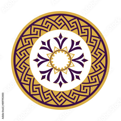 Geometric Mandala with Greek Key Border Black and White Circular Design