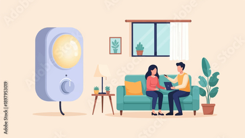 Two people sit on a sofa and look at a laptop in a room