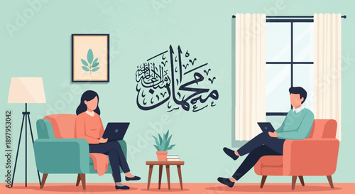 Two people relax in a cozy living room, working on laptops